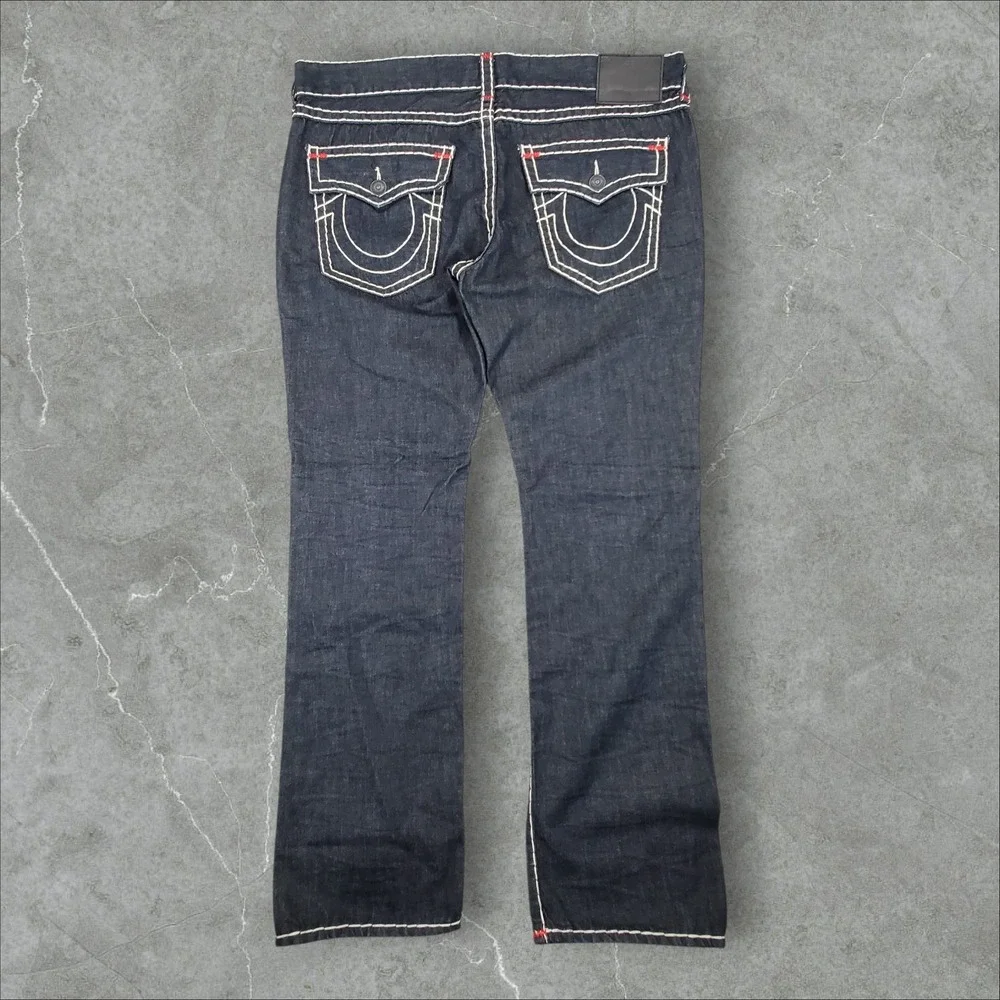 True Religion Ricky Jeans Mens 42x34 Indigo Blue Super T Stitch White Stitching